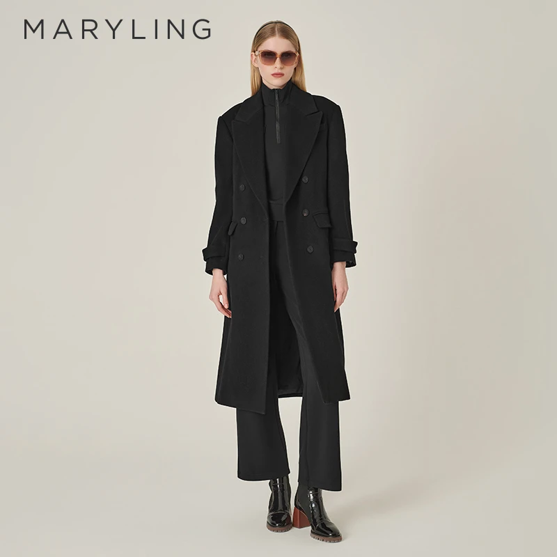 MARYLING玛俪琳2024冬季新品黑色戗驳领中厚长款大衣A1EHW93400