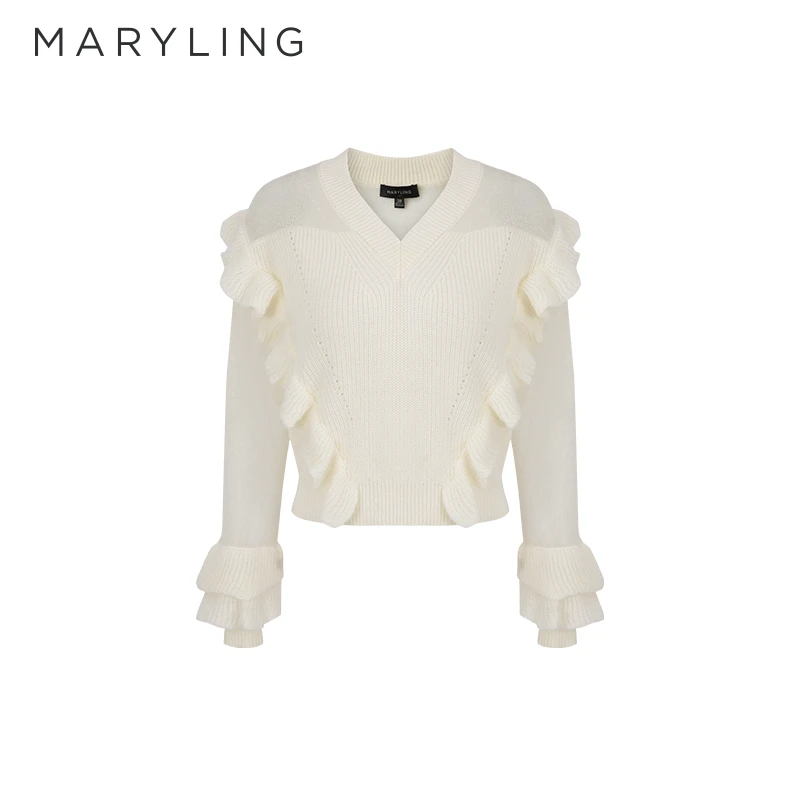 MARYLING玛俪琳冬季米白色V领薄透荷叶边针织套头衫女A1DHW03280