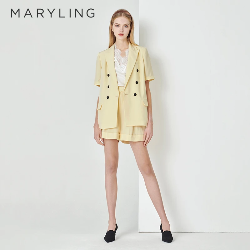 MARYLING玛俪琳夏奶油黄通勤风醋酸百慕大时尚女士短裤A1DCW58190