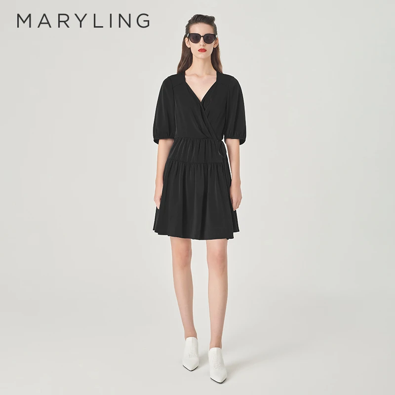 MARYLING 玛俪琳2024夏季新品V领灯笼袖短款碎褶连衣裙A1ECW64530