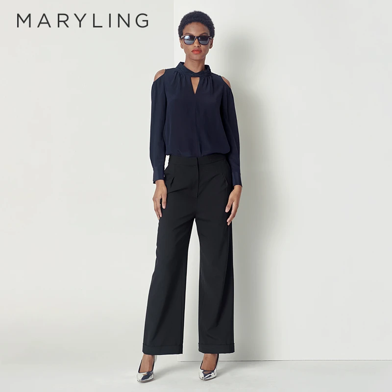 MARYLING玛俪琳秋季黑色经典百搭中腰翻边女士直筒裤A1CGW51140