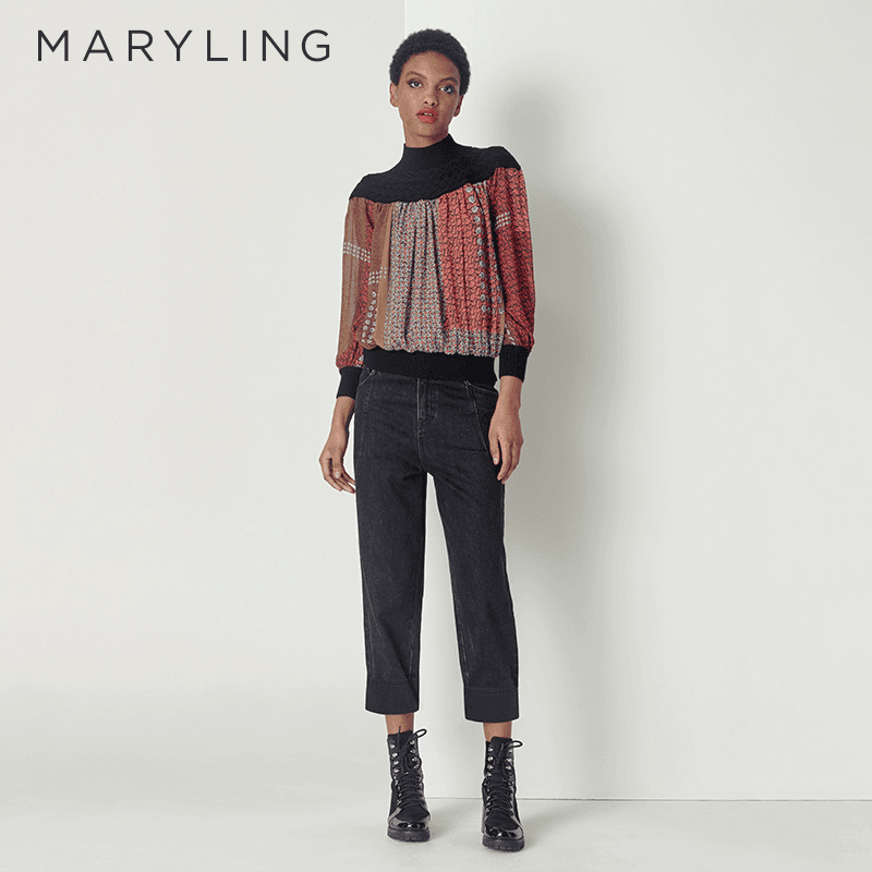 MARYLING玛俪琳秋季黑色时尚个性百搭显瘦锥形牛仔裤女A1CGW56070