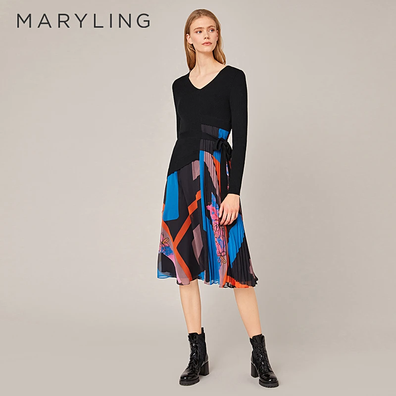 MARYLING玛俪琳秋季印花V领百褶裙针织拼接长袖连衣裙A1BGW65450