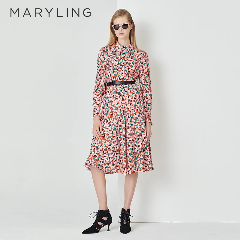 MARYLING玛俪琳早春法式粉色甜甜圈衬衫领长袖连衣裙女A1DAW61280