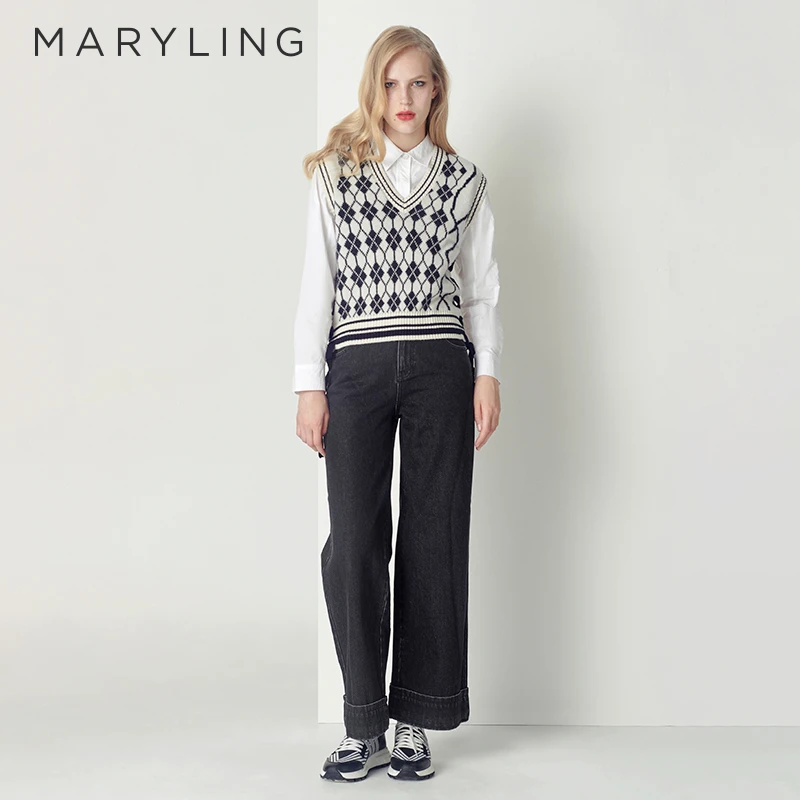 MARYLING玛俪琳高腰阔腿裤帅气时尚百搭黑色牛仔裤A1CGW56060
