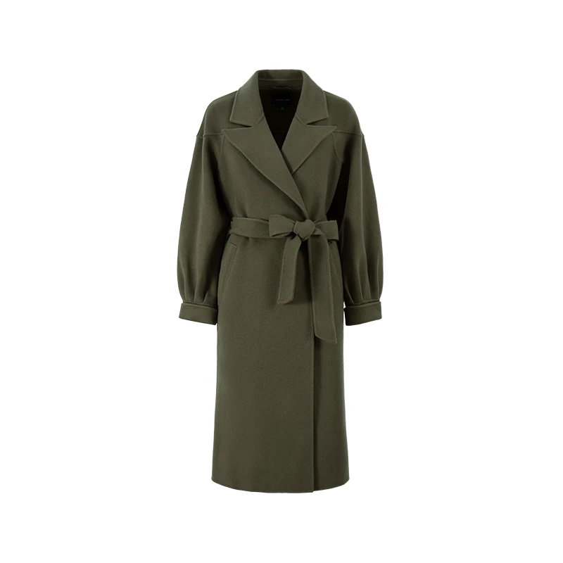 MARYLING玛俪琳秋冬宽松优雅简约灯笼袖军绿色长大衣A1CHW93320