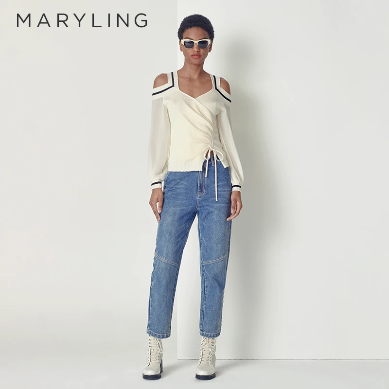 MARYLING玛俪琳秋季优雅米白色褶皱露肩针织吊带上衣A1CFW26100