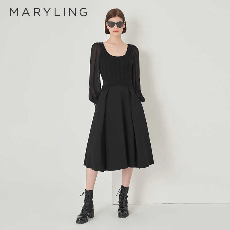 MARYLING玛俪琳秋季优雅浪漫黑色方领针长袖织连衣裙A1DGW62490