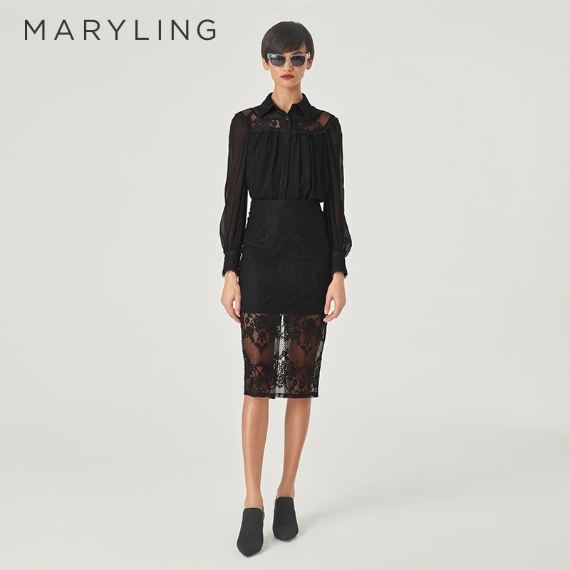 MARYLING玛俪琳2024春季新品优雅黑色衬衫领蕾丝上衣A1EBW20250