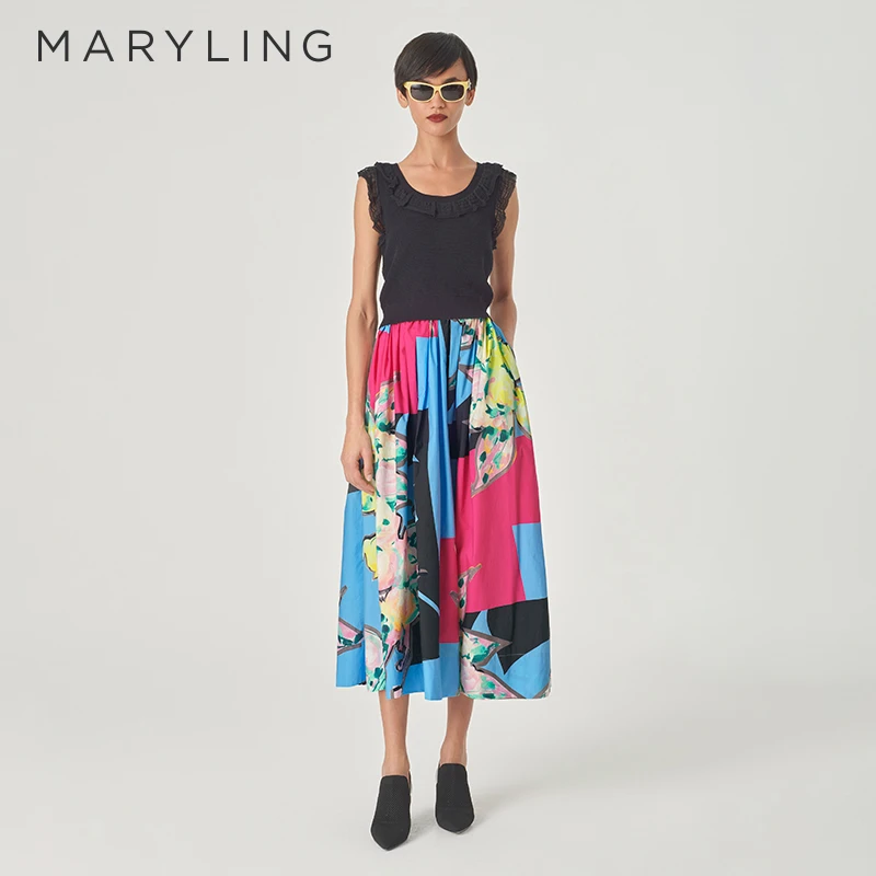 MARYLING玛俪琳24春季薄荷曼波蓝红蔷薇印花千金半身裙A1EBW72560