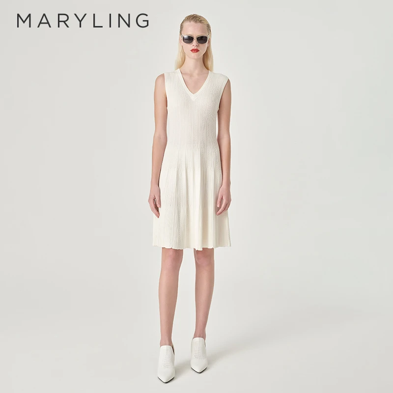 MARYLING玛俪琳024夏季新品白色V领无袖简约针织连衣裙A1EDW04920