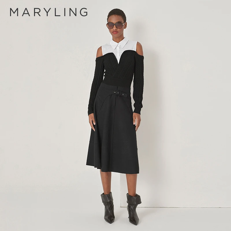 MARYLING玛俪琳秋季气质黑白撞色衬衫领露肩针梭上衣A1DGW26420