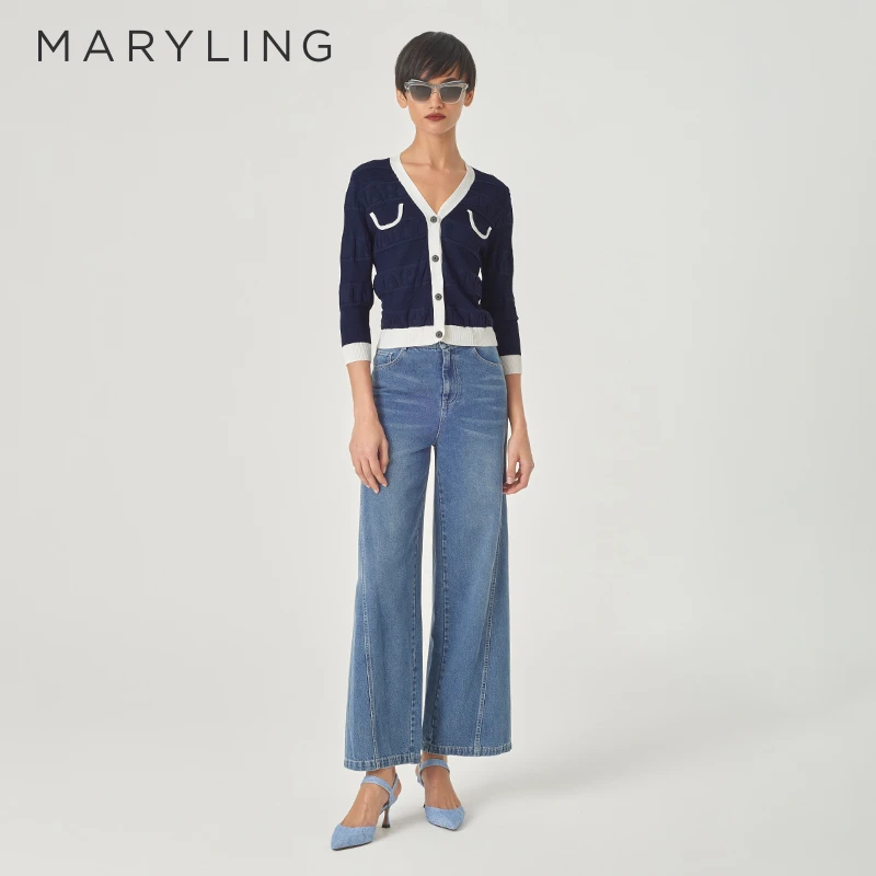 MARYLING 玛俪琳2024夏季新品知性蓝白拼色V领针织开衫A1ECW08340
