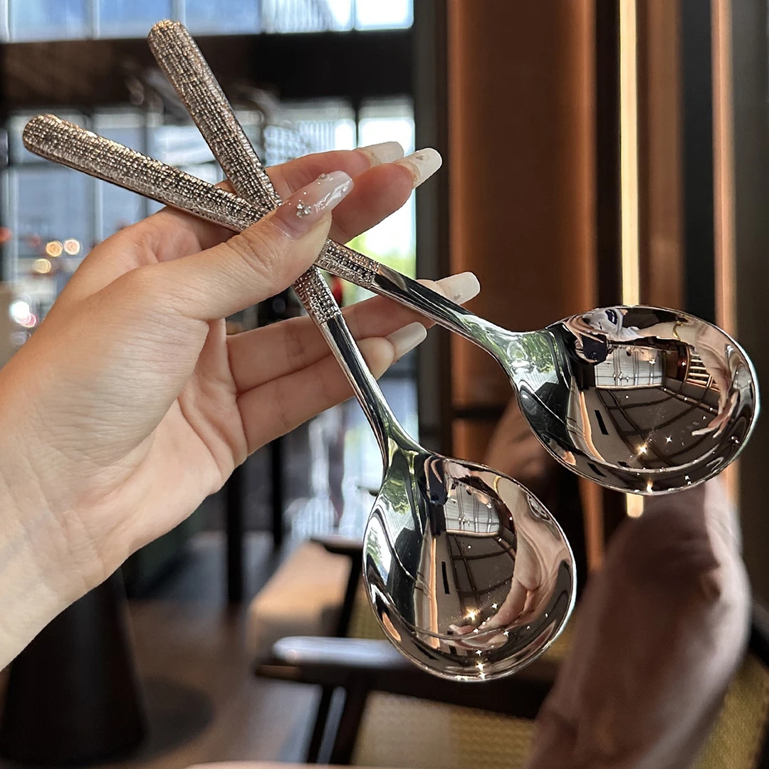 18/10不锈钢锤纹勺子家用长柄吃饭喝汤勺网红创意可爱大汤匙调羹