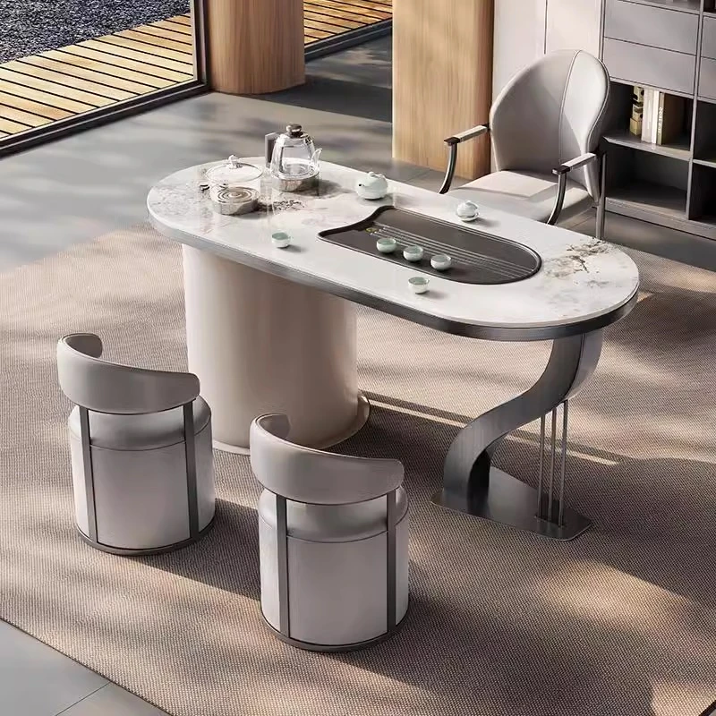 轻奢简约岩板茶台桌椅组合欧式设计师新款艺术竖琴桌脚客厅泡茶桌