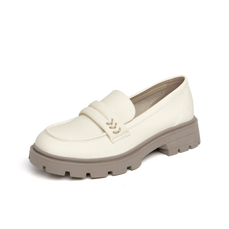 厚底乐福鞋春季圆头软皮粗跟单鞋百搭女鞋一脚蹬鞋舒适