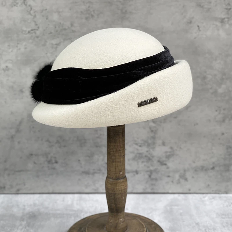 甜美时尚法式毛呢贝雷帽女秋冬季日系毛球复古休闲圆顶卷沿画家帽