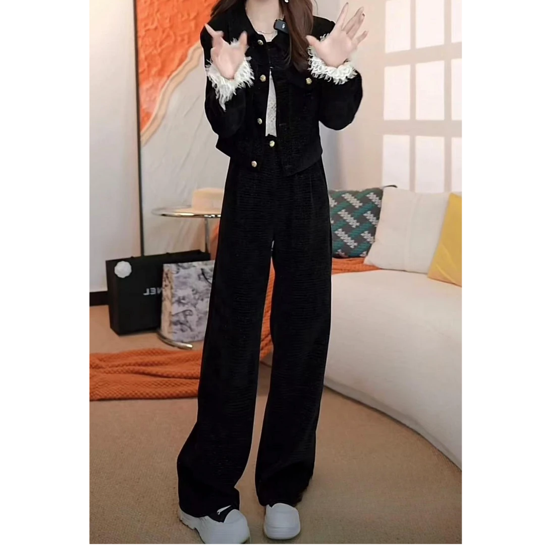 港风时尚显瘦套装女秋冬季新款雪尼尔外套+高腰阔腿裤长裤两件套