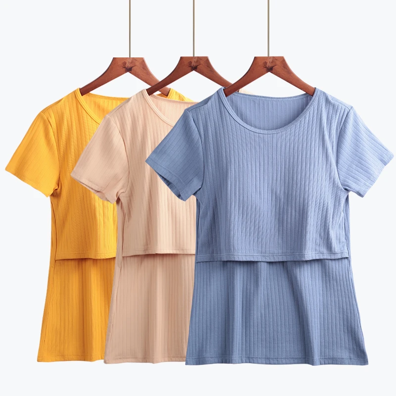 纯棉睡衣喂奶上衣带胸垫孕妇产后外出夏季大码月子服哺乳衣家居服