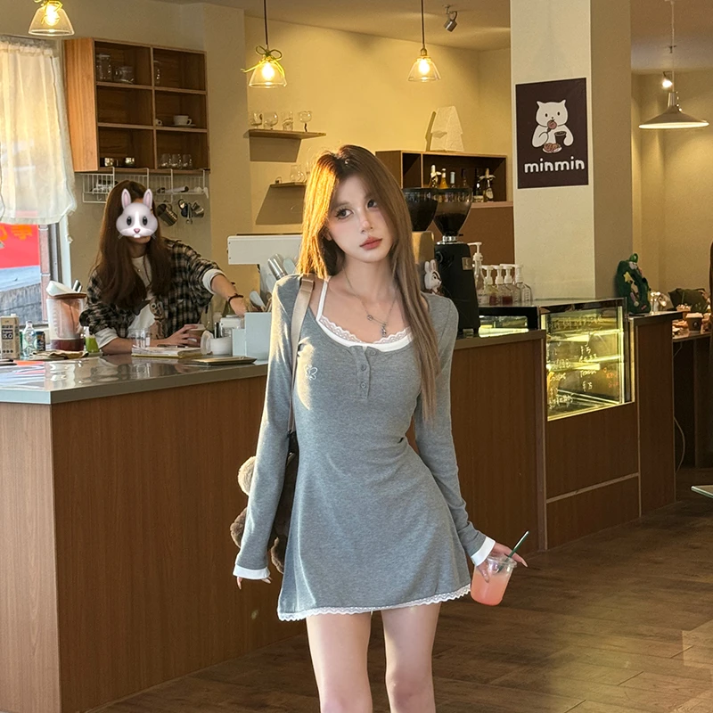 【甜欲教主】纯欲拼接设计真两件方领收腰显瘦甜辣妹长袖女连衣裙