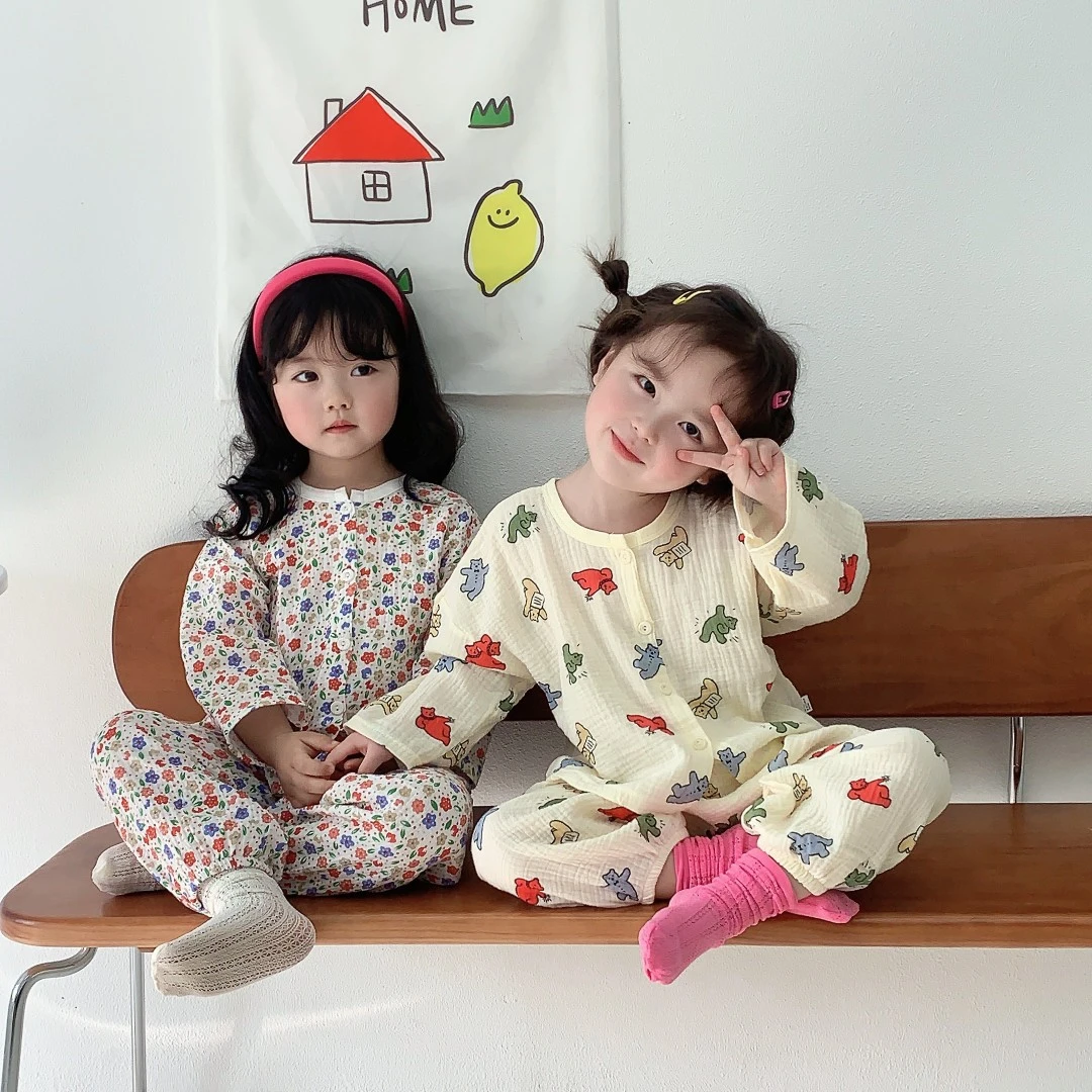睡衣儿童男童女童宝宝家居服印花棉纱套装新款棉纱开衫空调服洋气