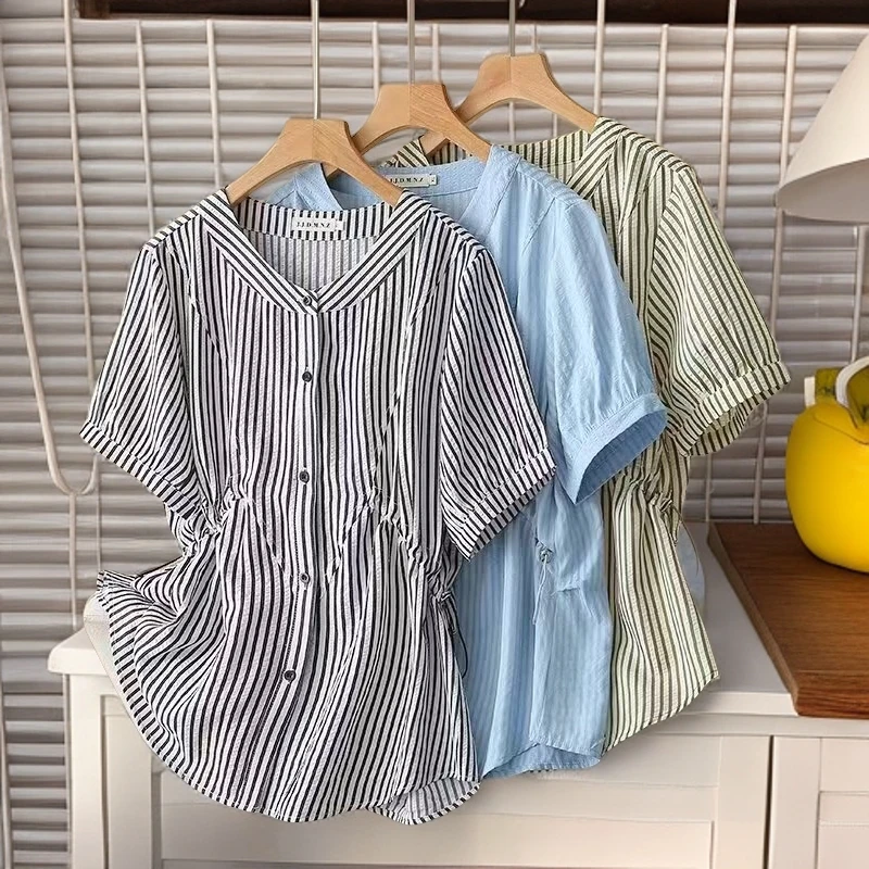 新款大码百搭显瘦洋气休闲夏季条纹宽松设计感衬衫短袖时尚032