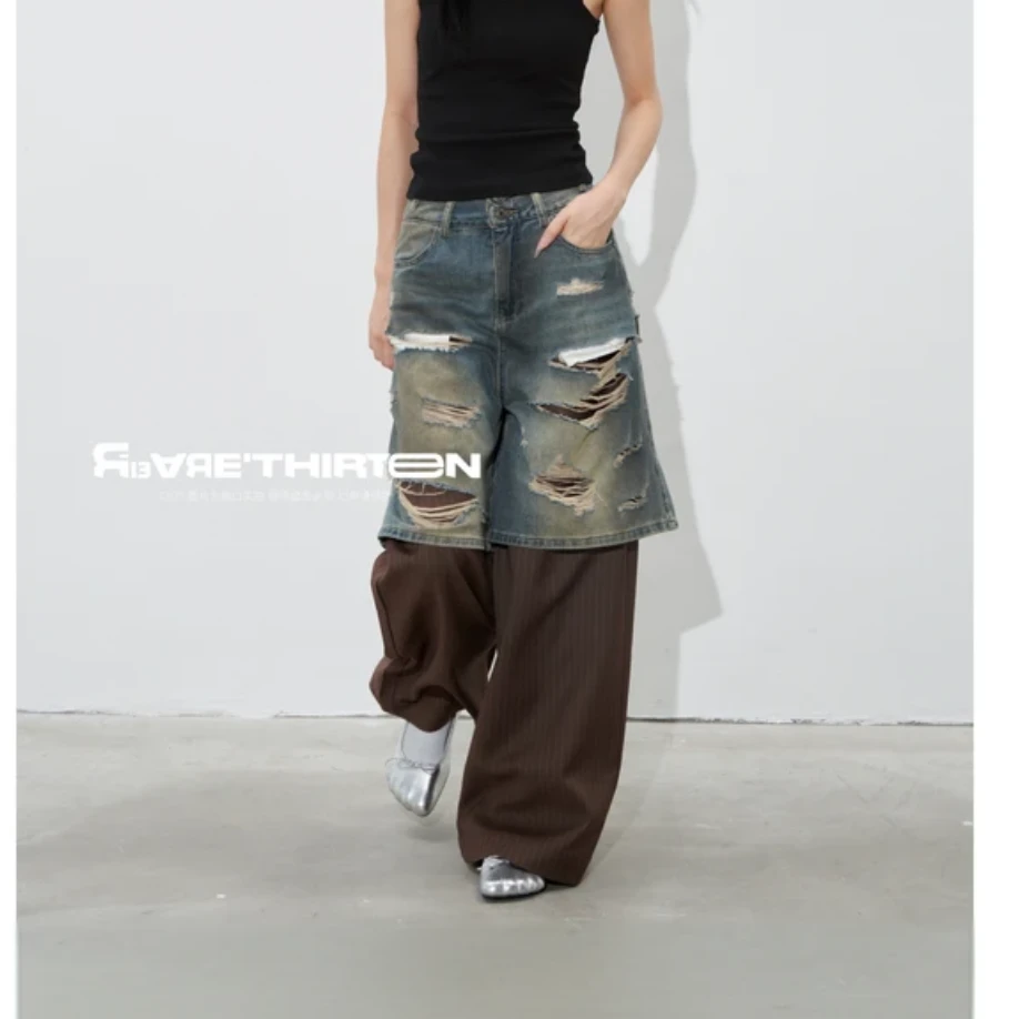 假两件设计师牛仔牛仔拼接西装裤