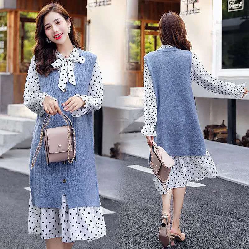 秋冬两件套女2024新款波点雪纺连衣裙中长款宽松针织马甲开衫套…