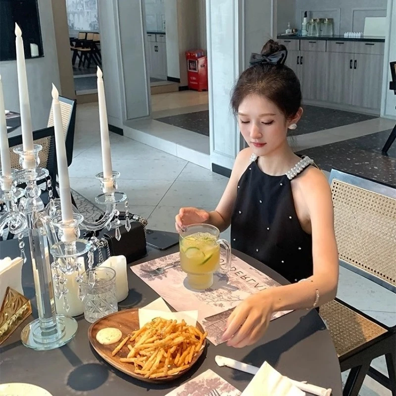 小香风富家千金挂脖连衣裙女夏季网红时尚重工钉珠名媛气质吊带裙