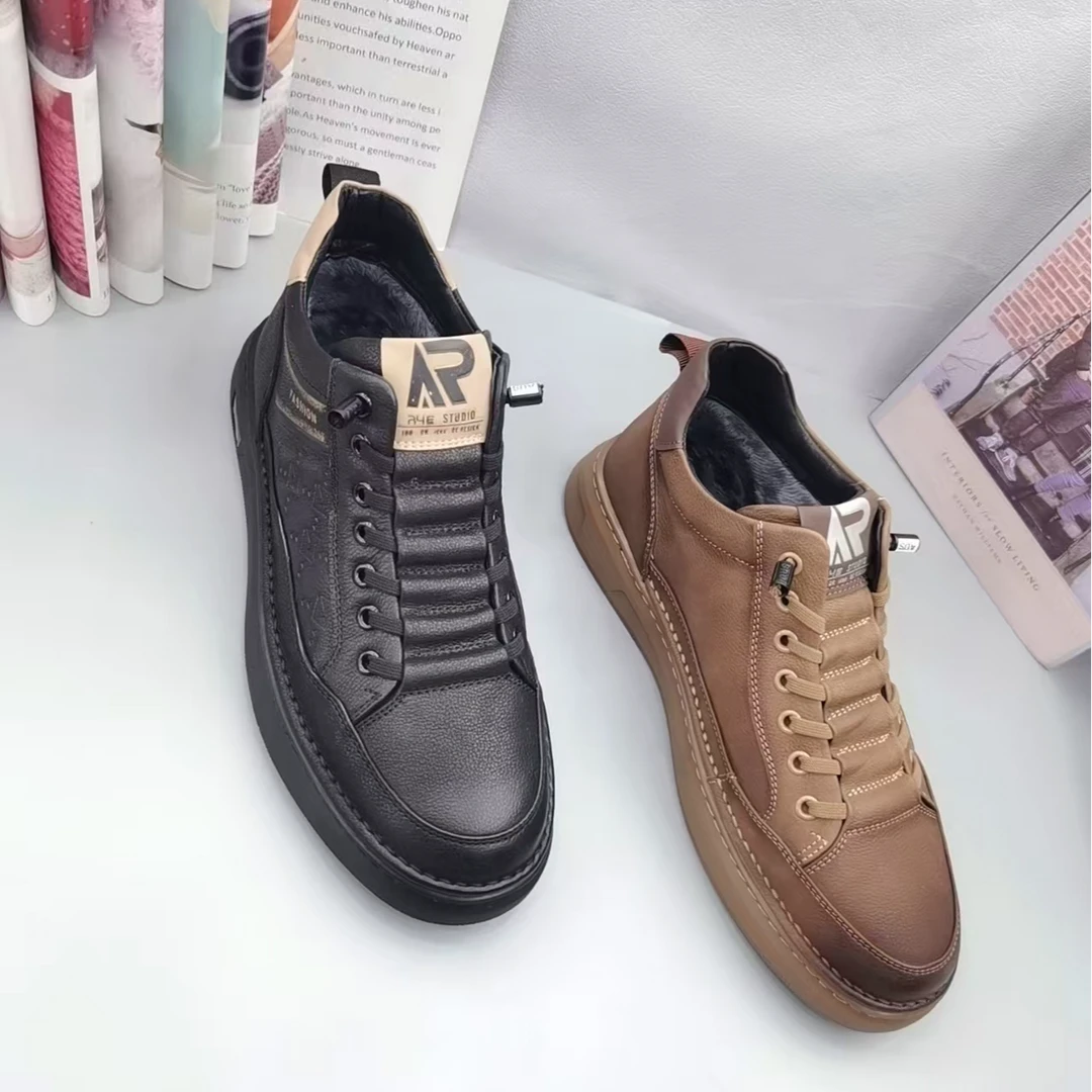 休闲时尚牛巴戈皮加绒舒适百搭软底男士休闲高帮男款马丁鞋潮流