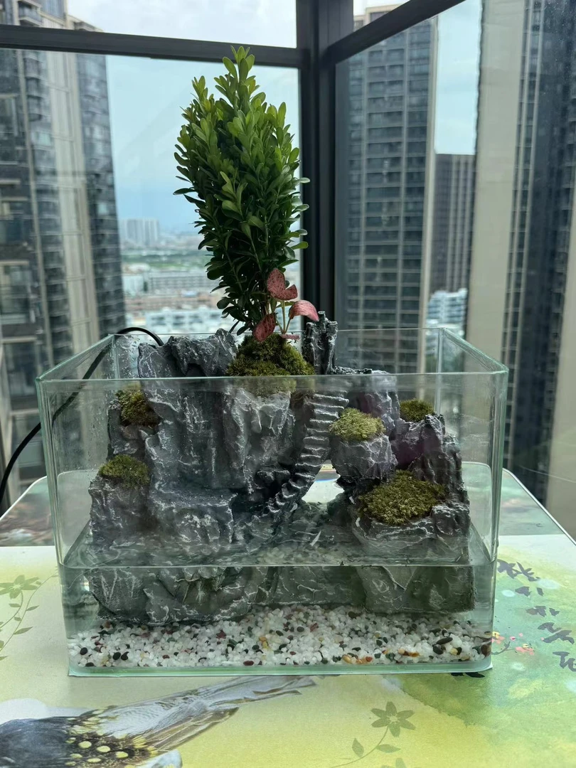 节节高升30*18*21cm养鱼虾桌面景观鱼缸造景假山客厅办公室成品