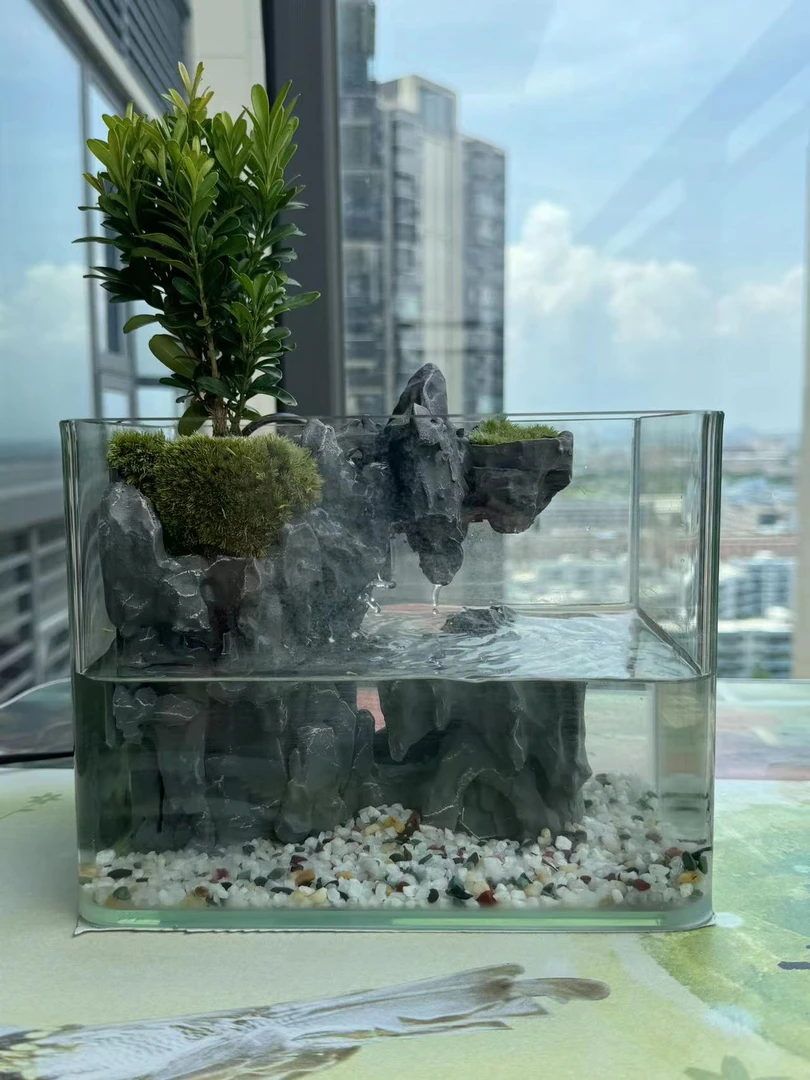 禅意22*15*17cm养鱼乌龟晒台桌面景观鱼缸造景假山客厅办公室创意