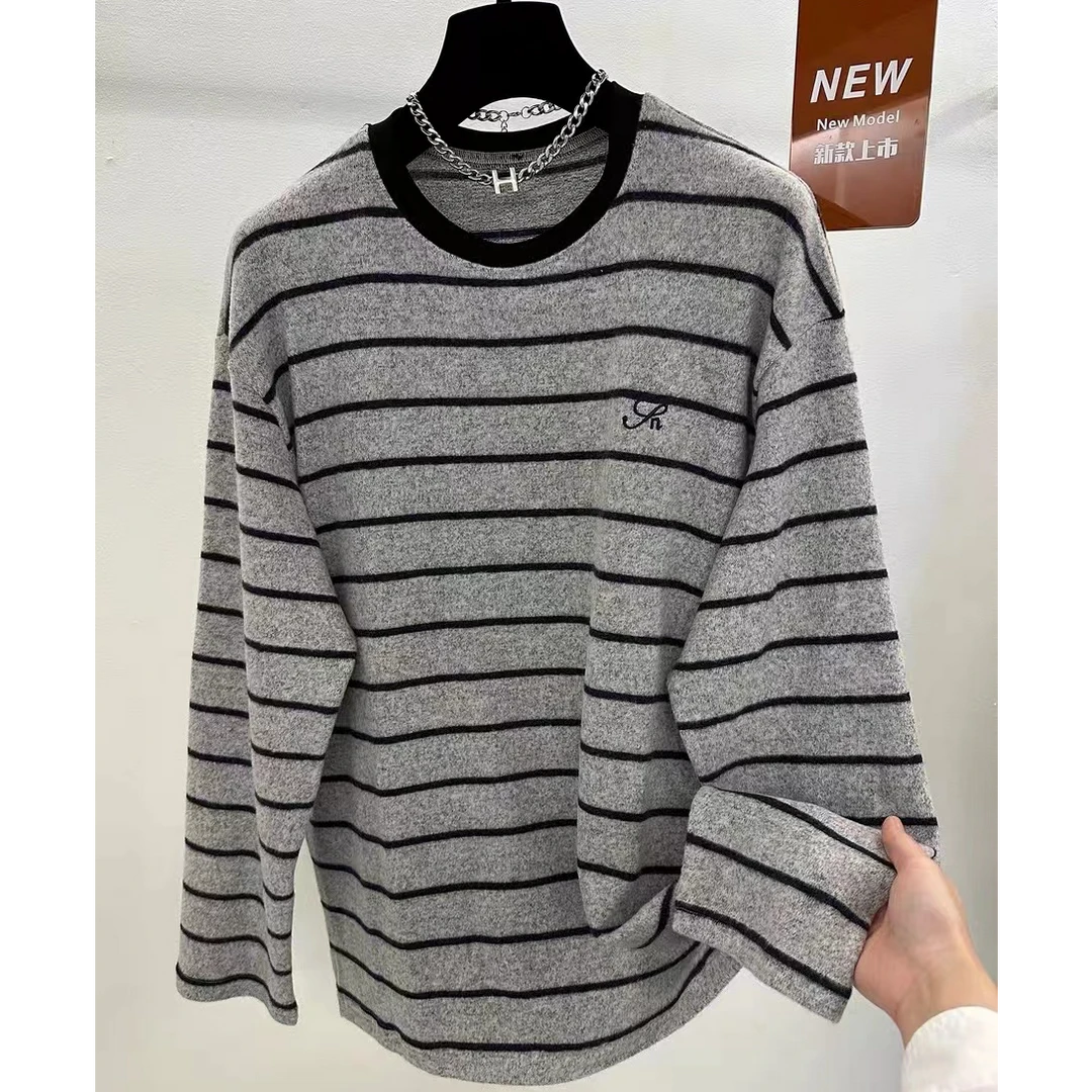 刺绣圆领女士灰色黑白套头衫针织百搭休闲简约T恤长袖条纹