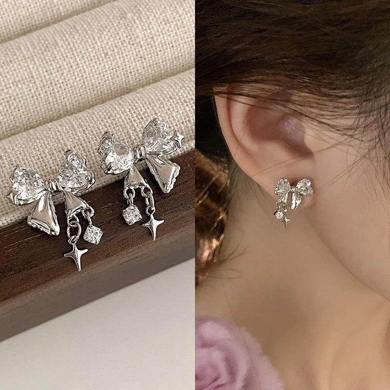 合金耳饰 超级适合春天的甜美温柔蝴蝶结耳钉耳饰女时尚气质耳环