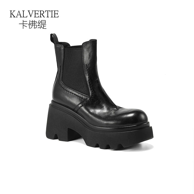 厚底靴子女增高马丁靴圆头显瘦切尔西靴休闲百搭真皮高跟短靴
