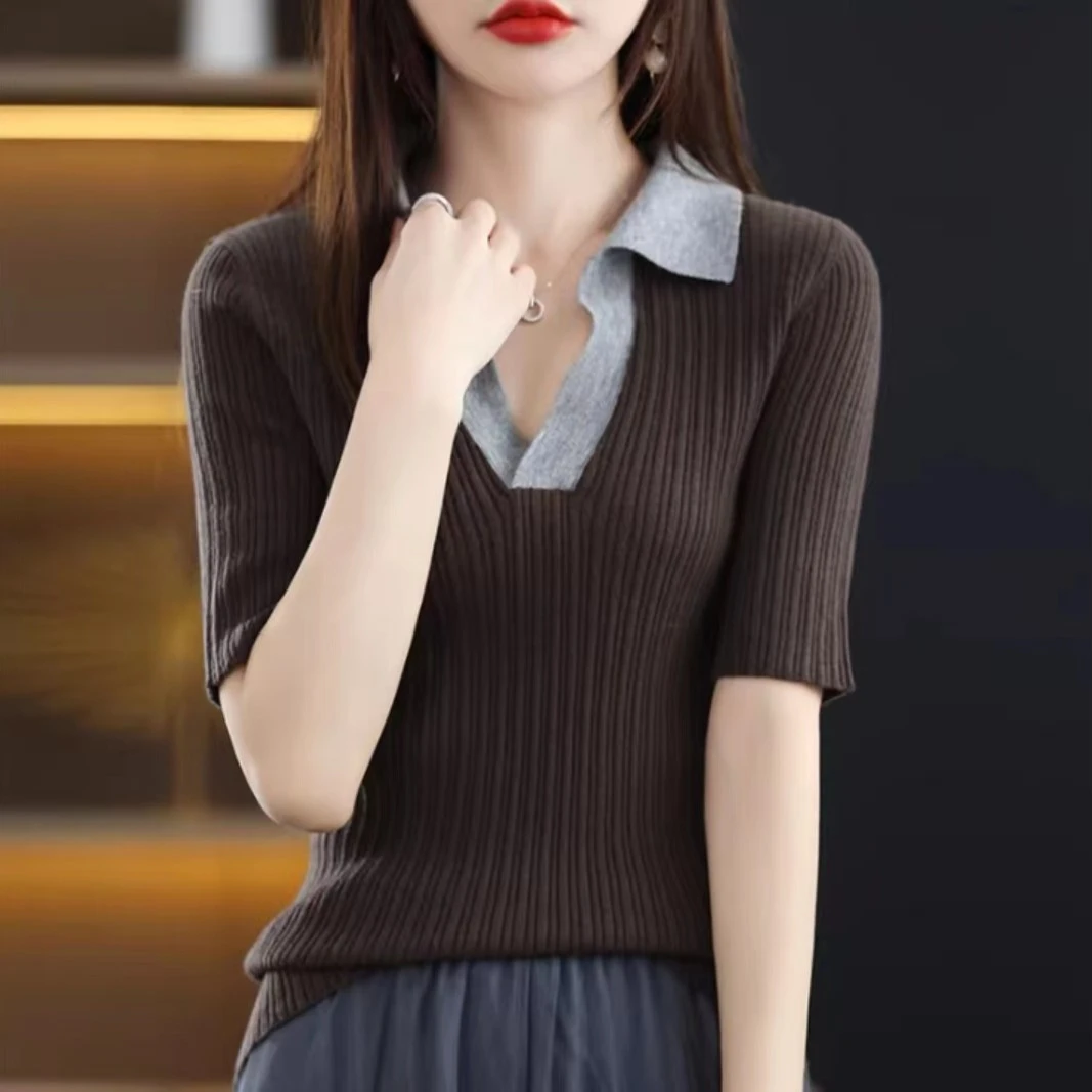 /短袖T恤女POLO领拼色抽条宽松薄款半袖套头针织上衣