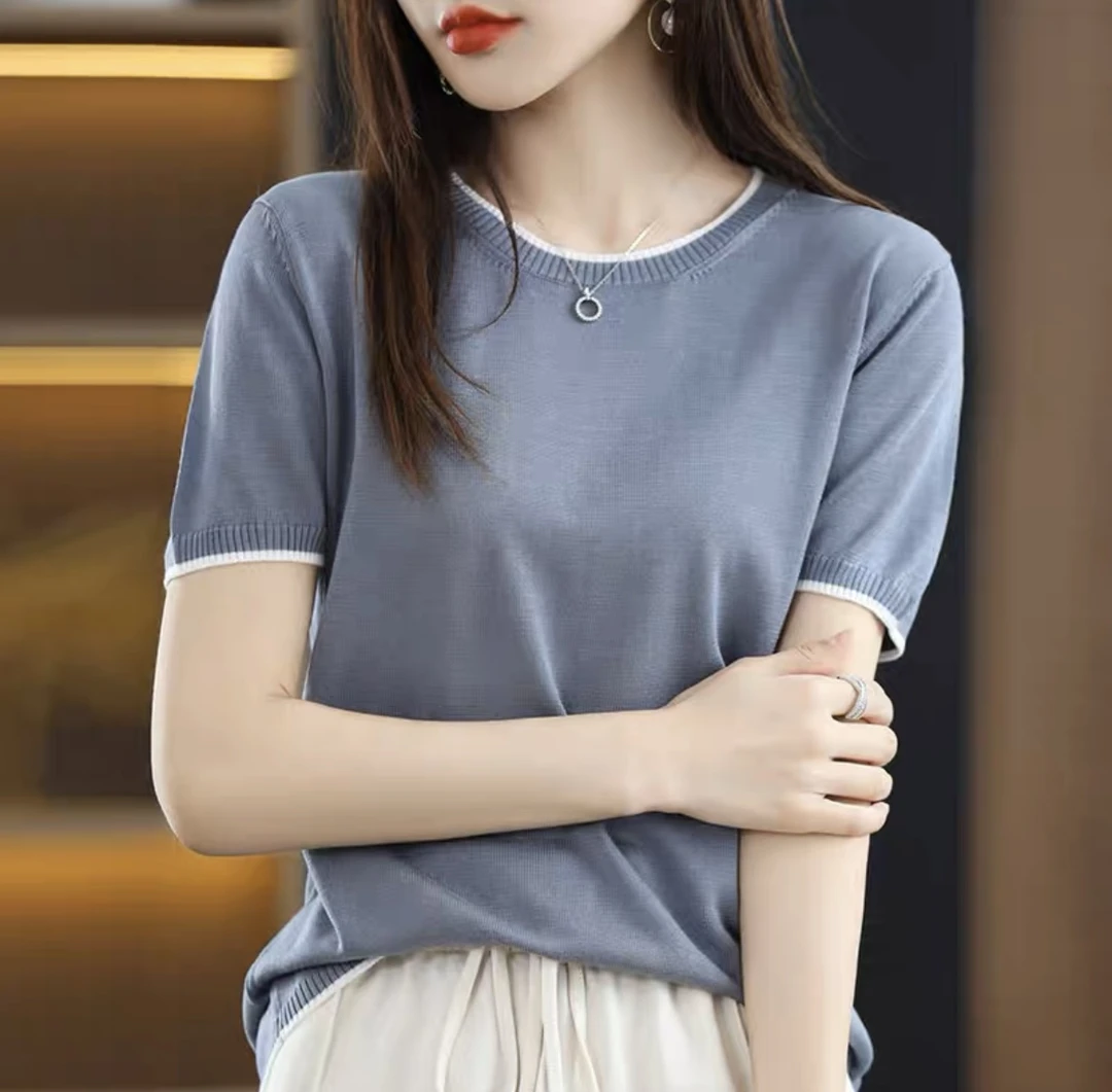 /天丝针织圆领短袖T恤衫女夏季薄款打底体恤简约百搭洋气冰丝短袖