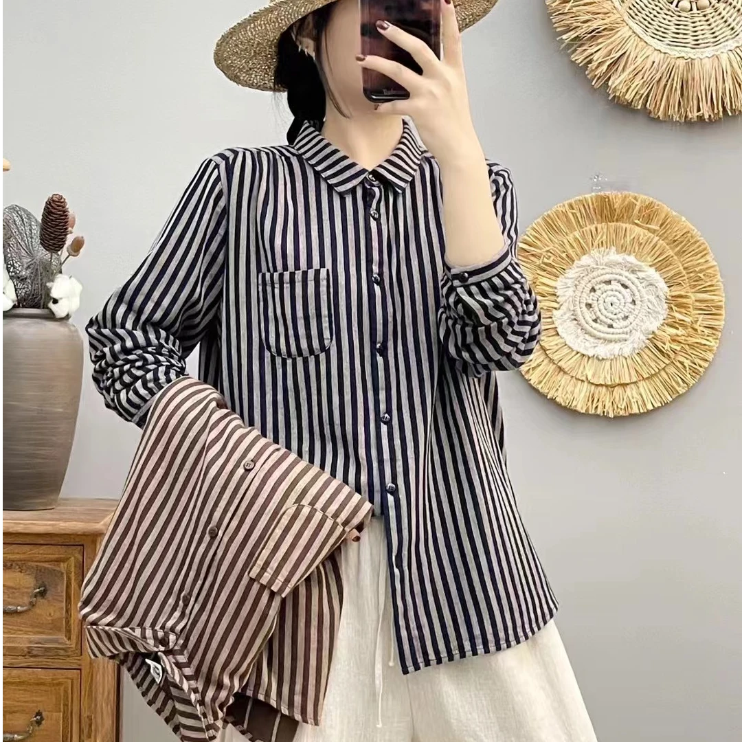 秋季新款翻领长袖竖条纹衬衫女文艺休闲宽松衬衣女