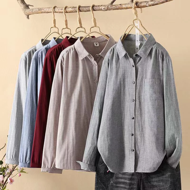 文艺复古色织婴儿棉双层棉纱千鸟格小格子衬衫女长袖格纹衬衣8366