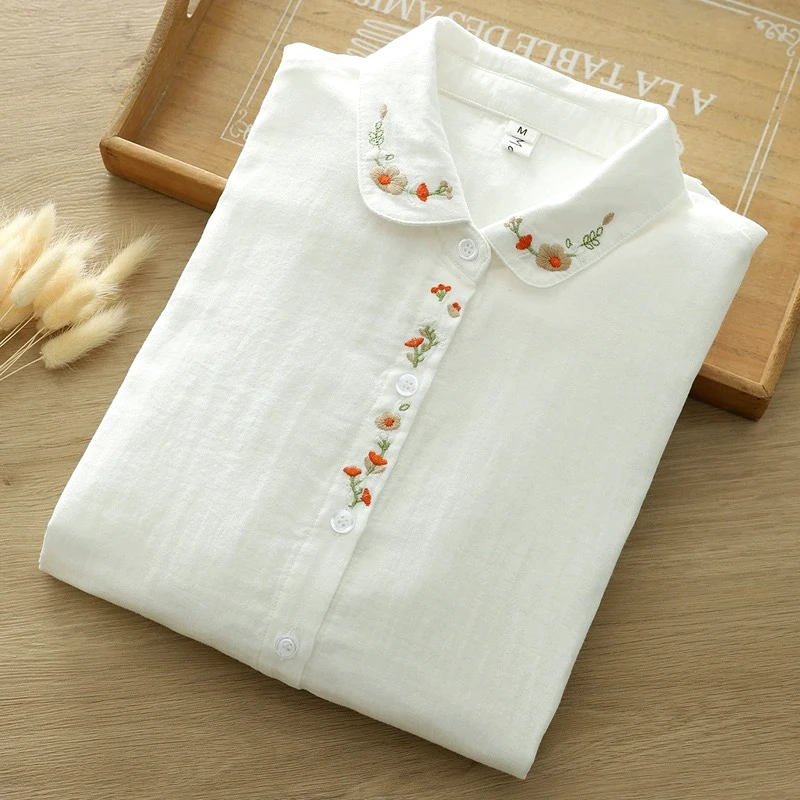 文艺小清新绣花双层棉纱衬衫女长袖 软糯亲肤宽松打底白衬衣