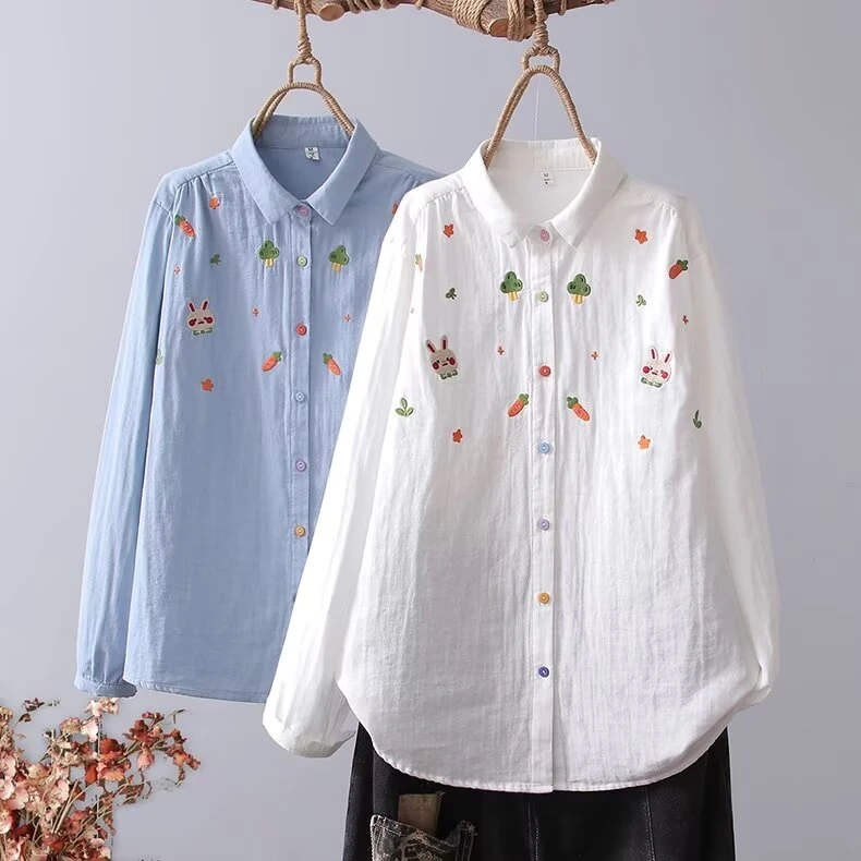 卡通刺绣双层棉纱衬衫女长袖 软萌可爱兔甜美减龄上衣打底衬衣