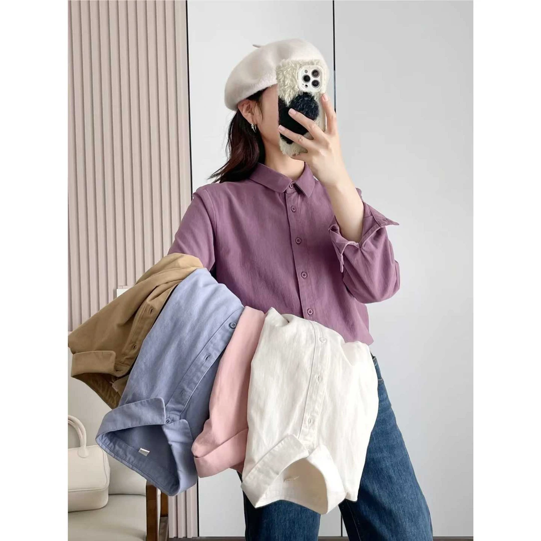 春秋2024年新款长袖休闲外套娃娃领全棉磨毛衬衣女显瘦纯色上衣潮