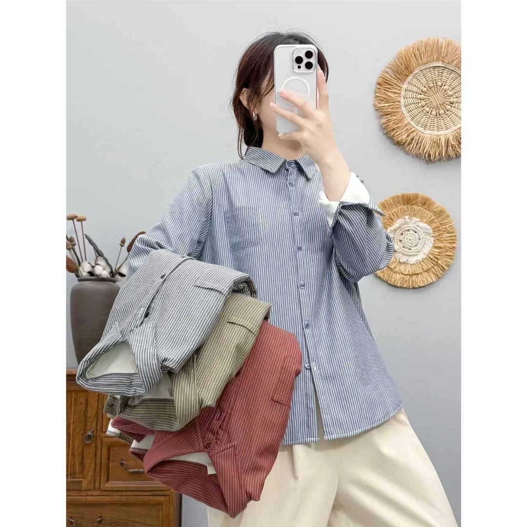 2024年秋冬新加绒长袖休闲全棉宽松外套上衣文艺打底衬衣条纹保暖