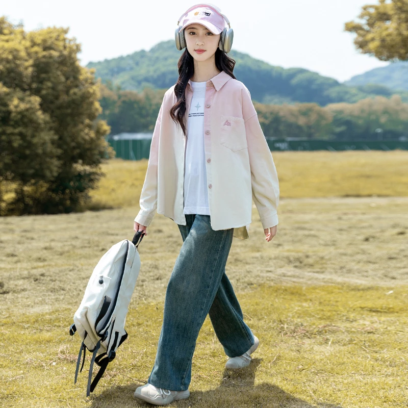 女童春秋衬衫2025秋装新款中大童洋气韩版渐变色秋季内搭时髦外套