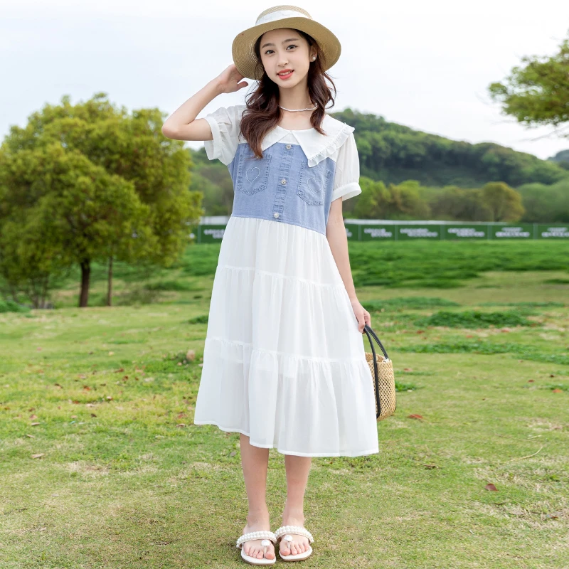 女童连衣裙2025新款夏装女孩洋气夏季牛仔拼接裙子中大童公主裙潮