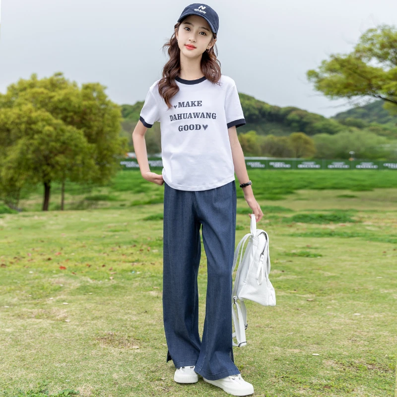 女童夏装2025新款套装中大童洋气休闲牛仔裤夏季防蚊长裤两件套潮