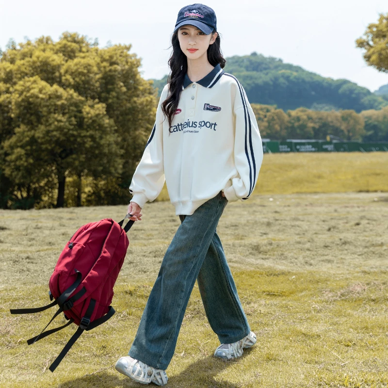 女童秋款卫衣2025新款秋装中大童洋气春秋休闲宽松小翻领时髦上衣