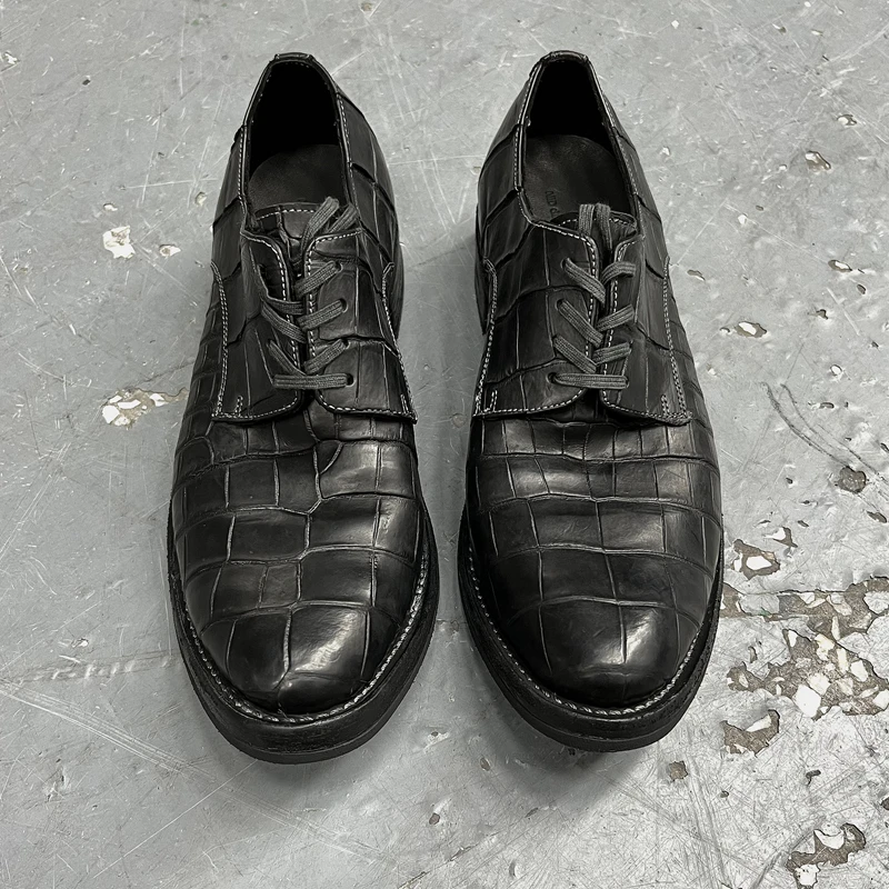 NIDdeGUEPES鳄鱼皮尖头系带暗黑先锋手缝固特异水洗个性皮鞋