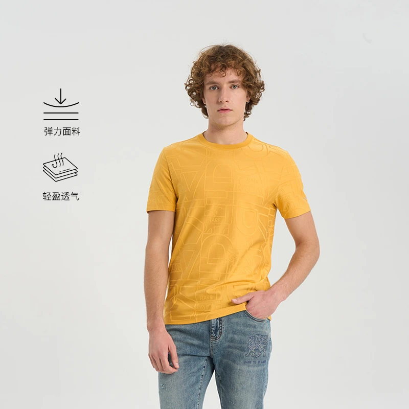 RARE威雅男装夏季新款黄色线框字母圆领T恤丝绵舒适透气短袖