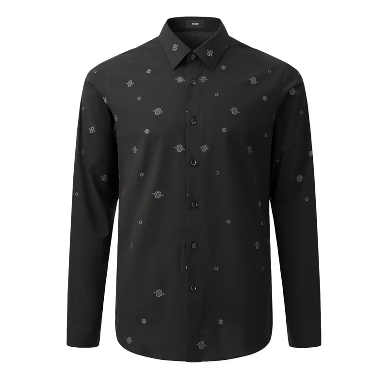 RARE威雅男装秋冬新款休闲男士黑色LOGO提花烫钻点缀男长袖衬衫